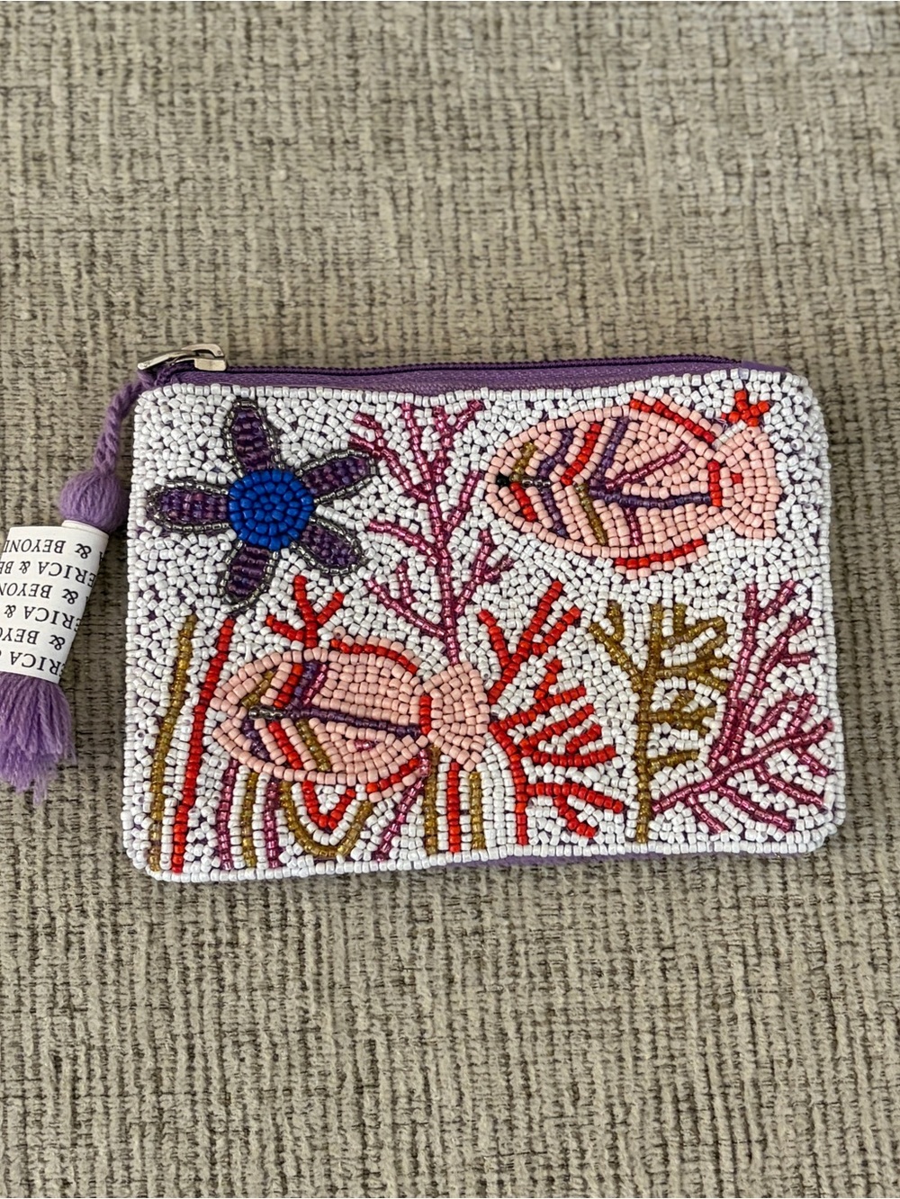Beaded Floral Zip Pouch - Purple & Pink